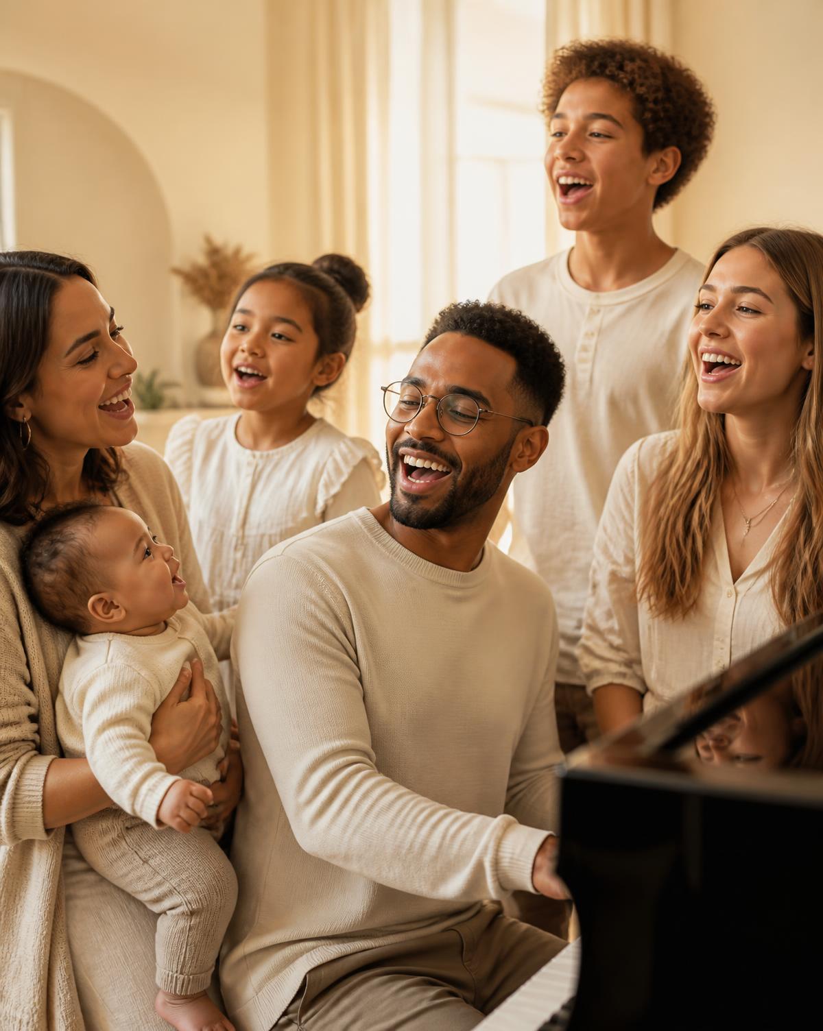 A joyful, multigenerational family singing together around a piano in warm golden light